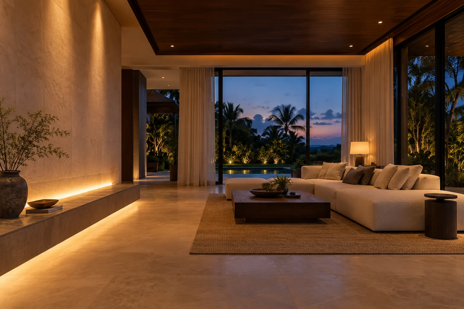 Architectural concept of a warmly lit living room